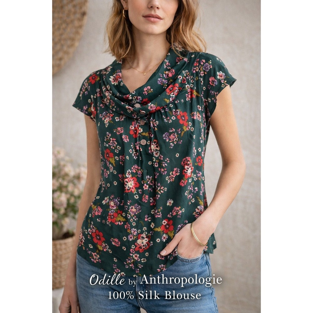 Odille byAnthropologie Women's Size 10 Floral Cowl Neck Blouse Dark Green Silk